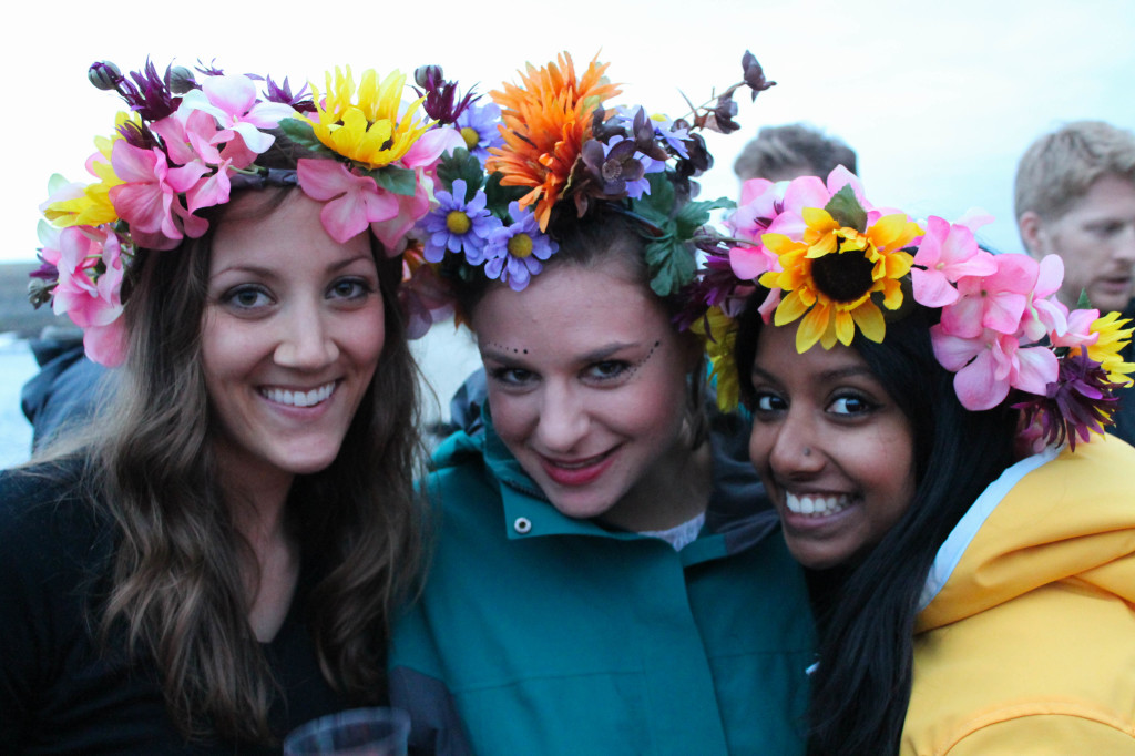 Sara, Katrina, and Anubha in homemade flower crowns. Full disclosure: We used fake flowers.
